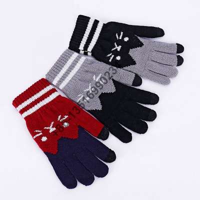 New arrival style cashmere brushed knitted glove lady jacquard pet cat animal design touch screen gloves keep warm winter gloves