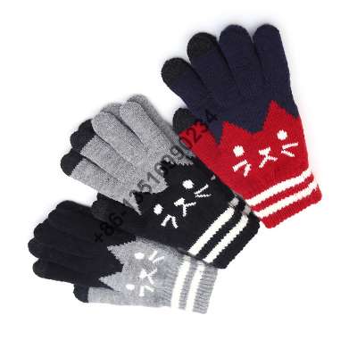 Cute style pet cat dog design gloves cashmere brushed knitted gloves lady jacquard touch screen gloves