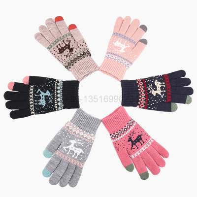 No MOQ drop shipping retails cashmere brushed knitted gloves lady jacquard touch screen gloves keep warm winter gloves mittens